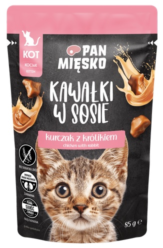 Pan Mięsko Karma mokra dla kota - Kitten kurczak i królik kawałki w sosie saszetka 85g